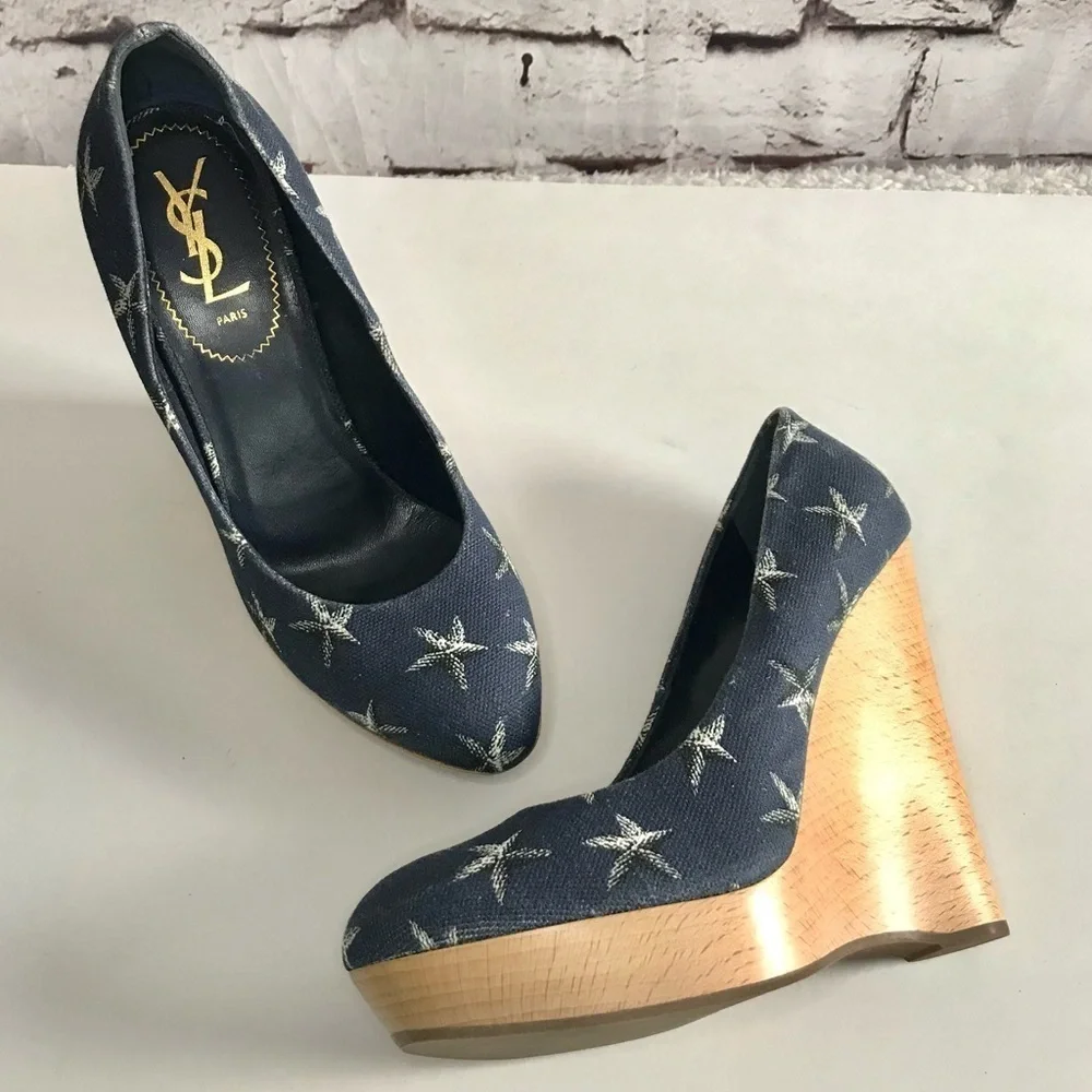 YSL YVES SAINT LAURENT Starfish Print Canvas Platform Wedge Size 9.5 US  EU 39.5